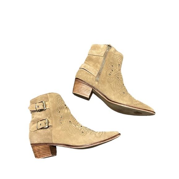 ZARA Tan Suede Gold Studded Point Toe Side Zip Double Buckle Bootie-Size 7.5 - Picture 9 of 16